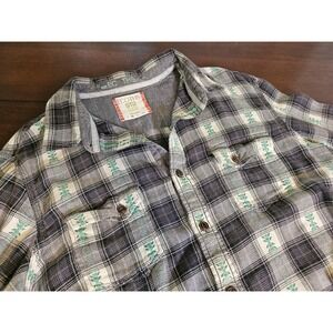 Ecoths Button Up Shirt Mens Large Grey Green Plaid Organic Cotton Long Sleeve